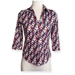 Vtg ICB Woman Geometric Diamond Print Button‎ Front 3/4 Sleeve Shirt Size S